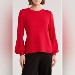 Ming Wang Vibrant Red Blouse with Long Balloon Sleeves Size L Luxury